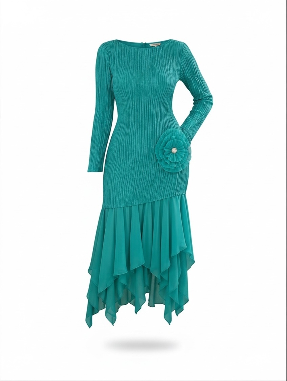 Cache Teal Pleated Rosette Handkerchief Hem Dress